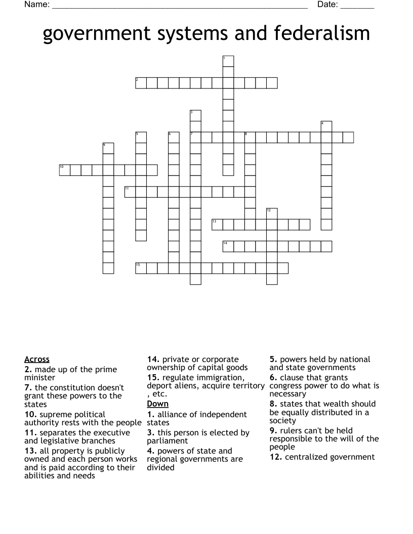 government systems and federalism Crossword