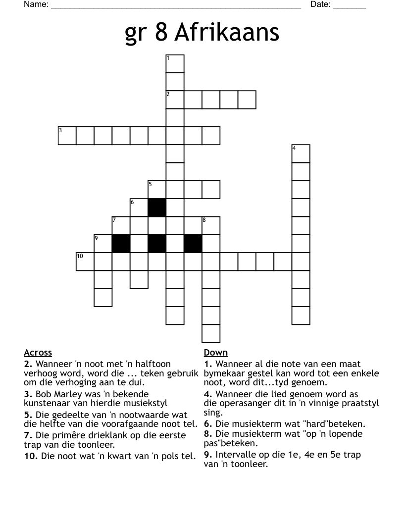 gr 8 Afrikaans Crossword