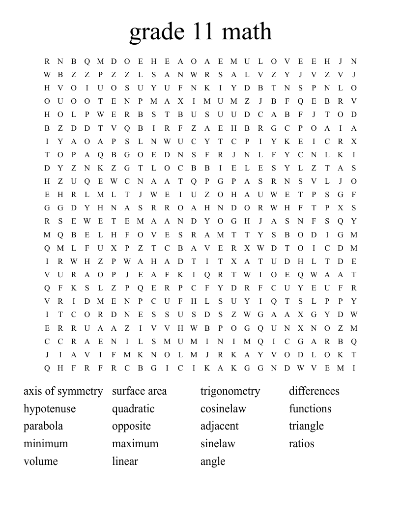 grade 11 math Word Search