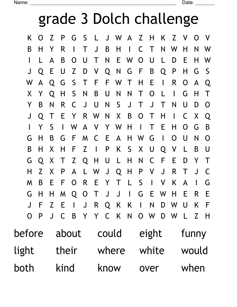 grade 3 Dolch challenge Word Search