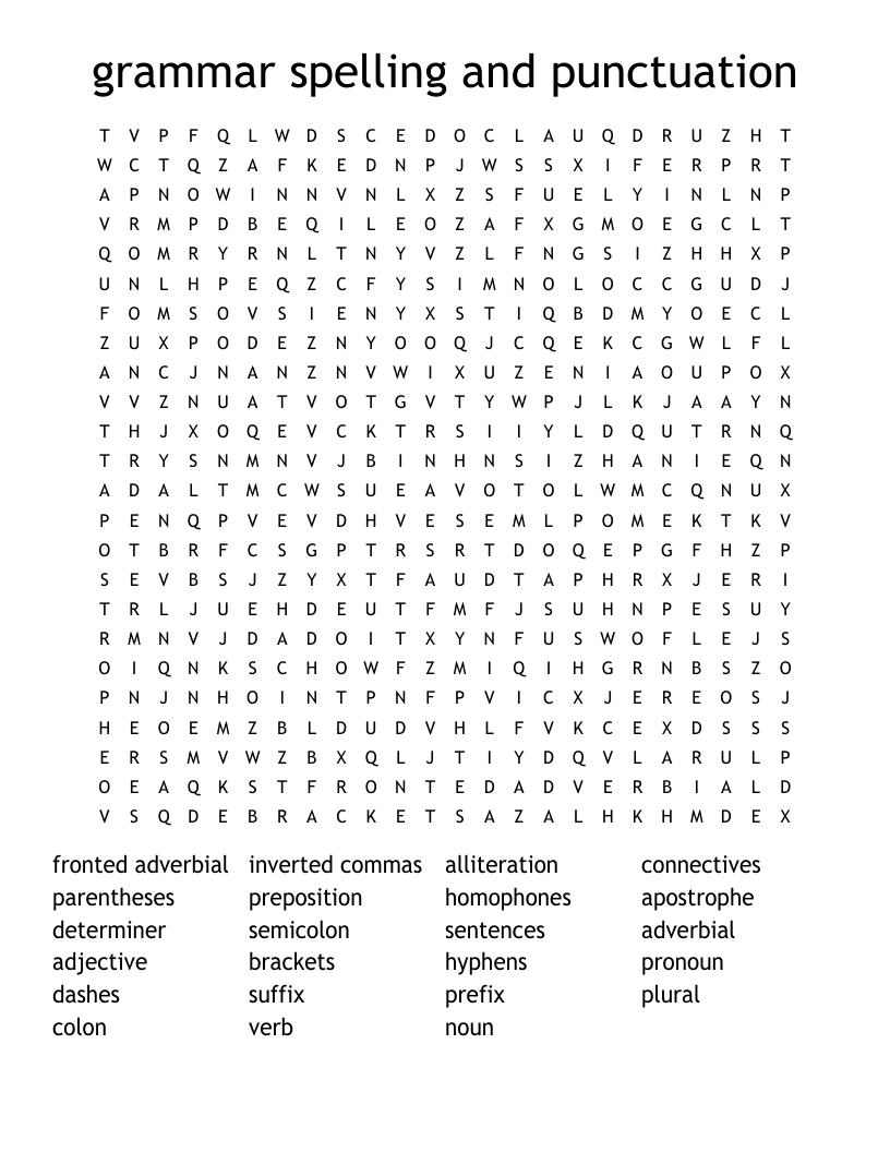 grammar spelling and punctuation Word Search