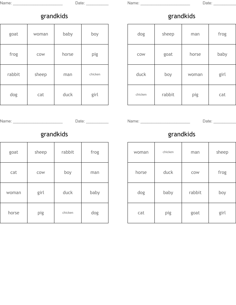 grandkids Bingo Cards