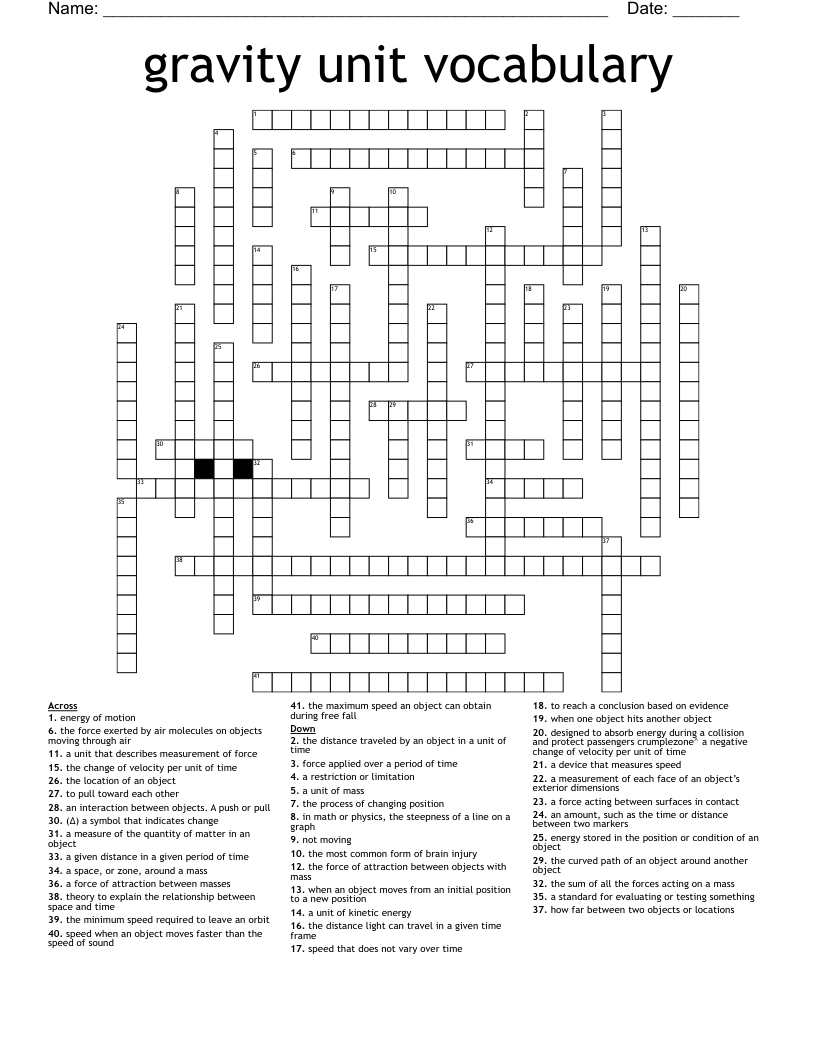 gravity unit vocabulary Crossword
