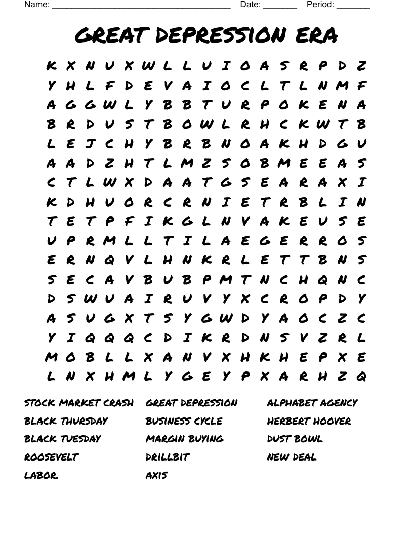great depression era Word Search