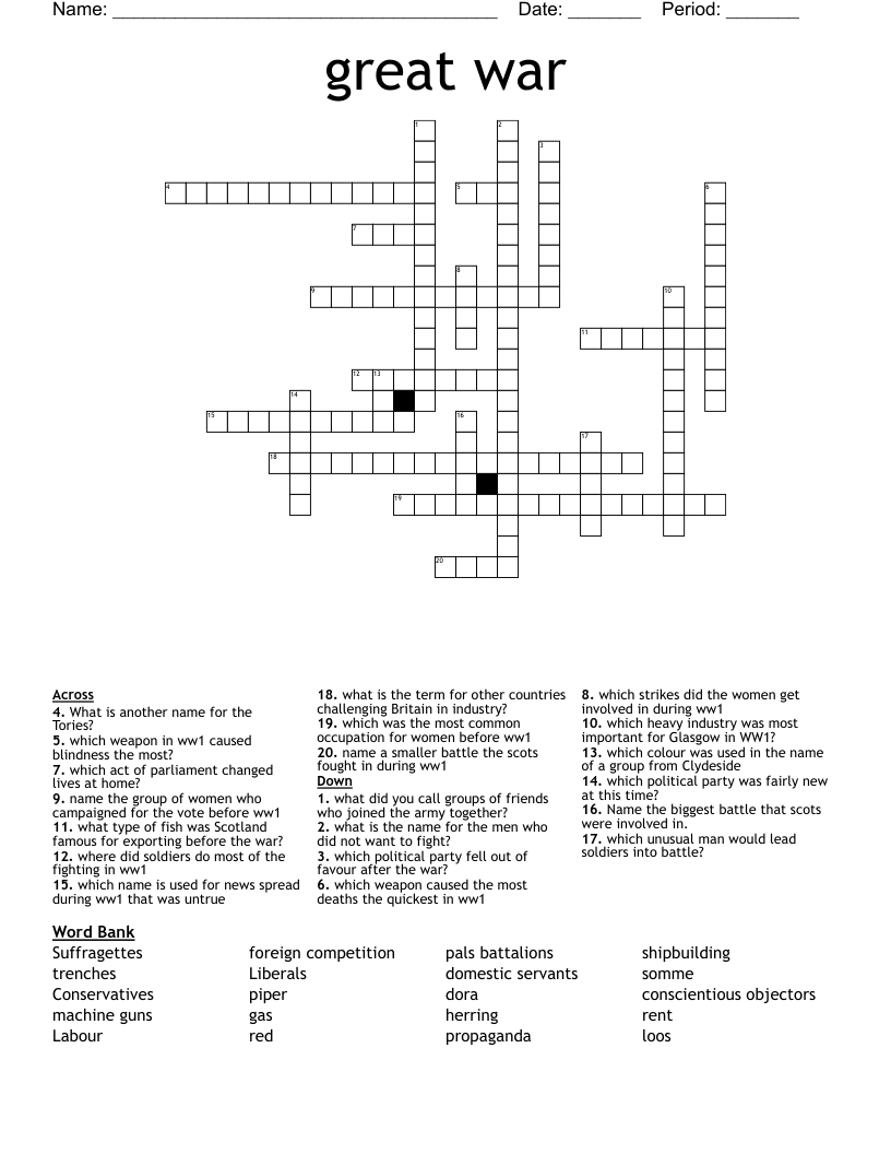 great war Crossword