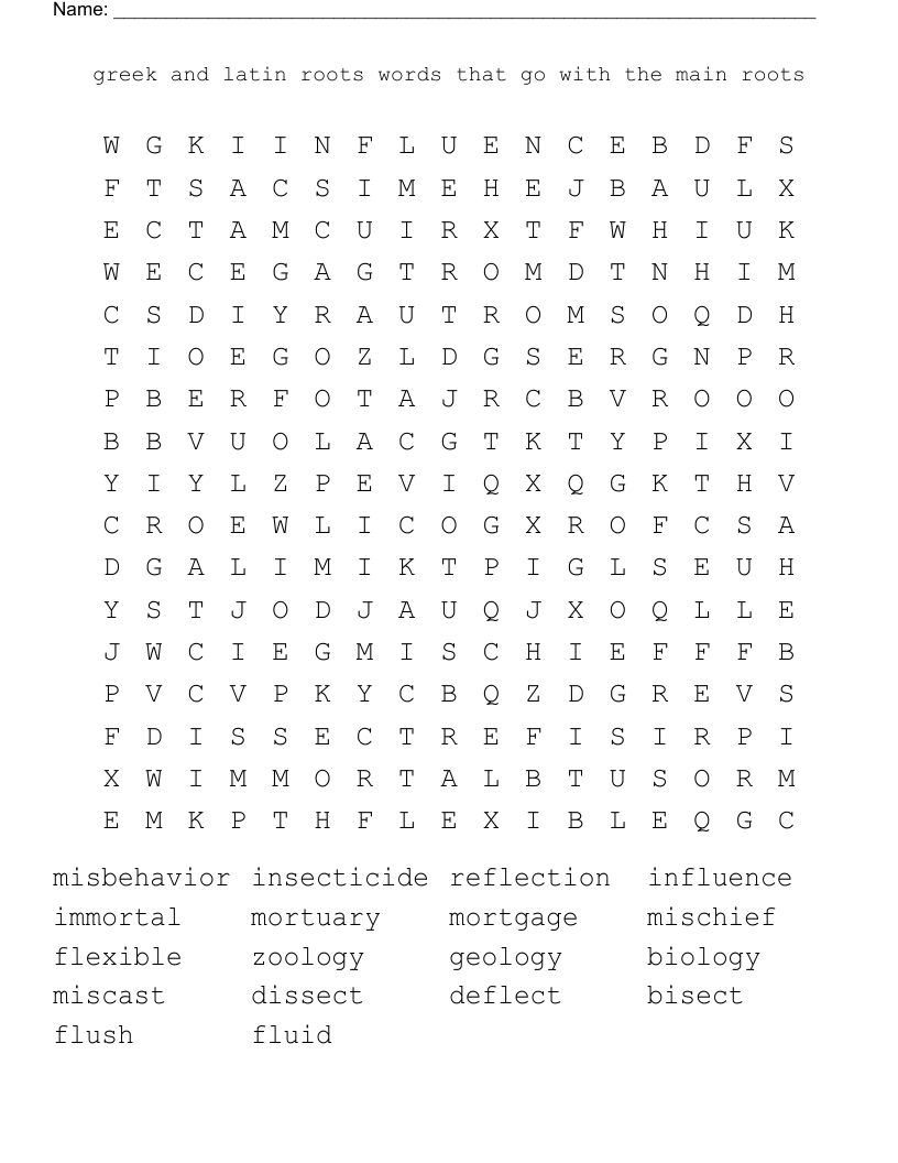 greek and latin roots words that go with the main roots Word Search