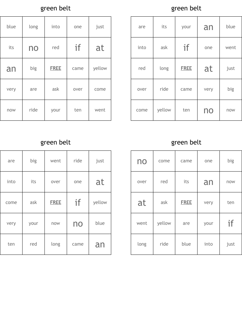 green belt Bingo Cards