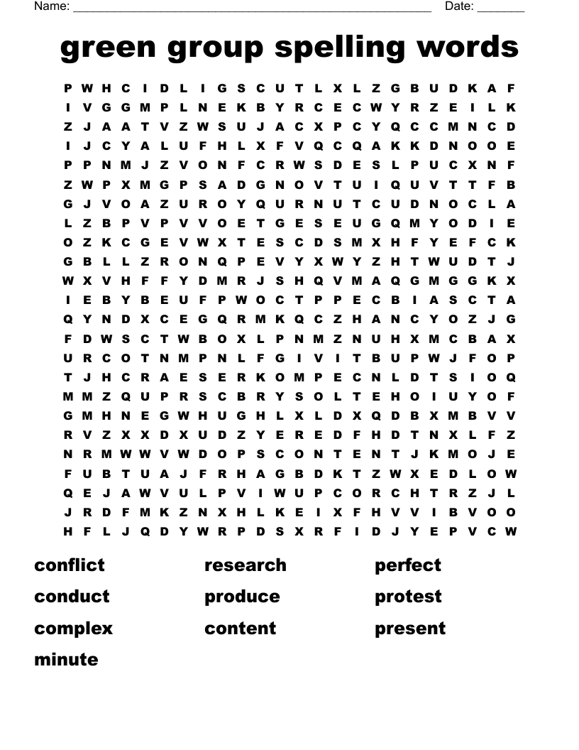 green group spelling words Word Search