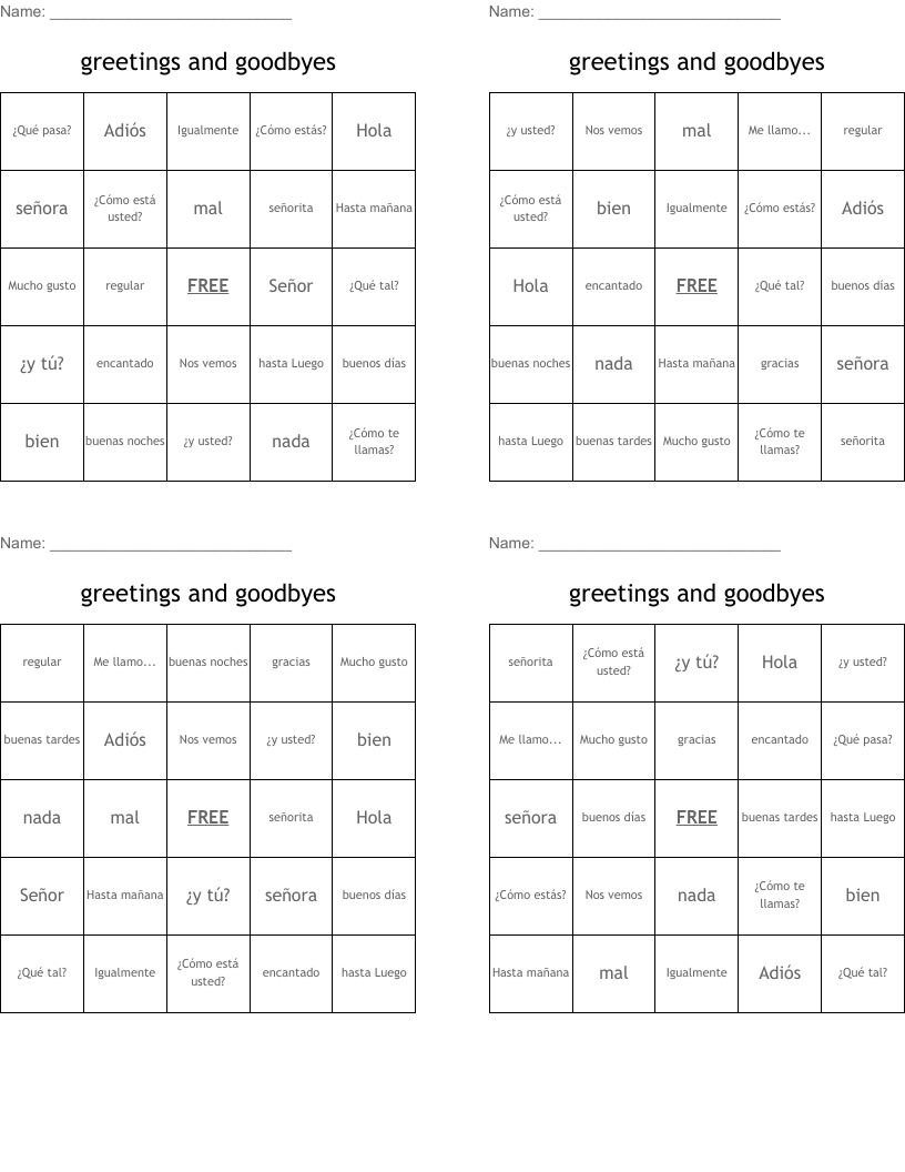greetings and goodbyes Bingo Cards