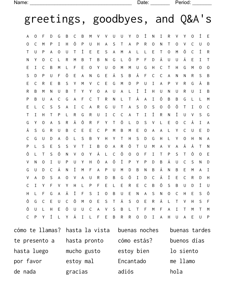 greetings, goodbyes, and Q&A's Word Search
