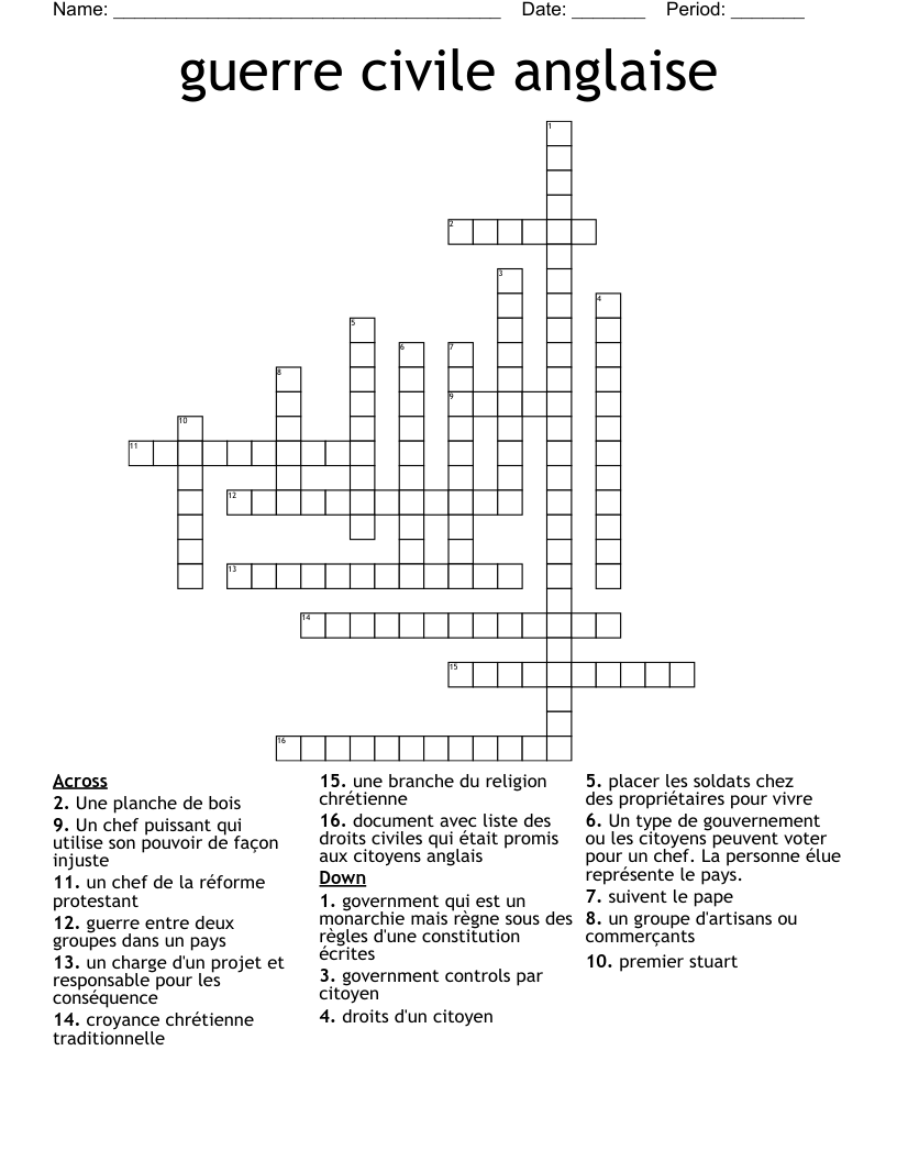 guerre civile anglaise Crossword