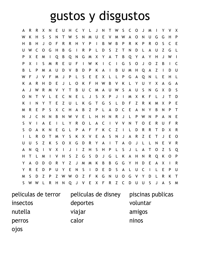 gustos y disgustos Word Search