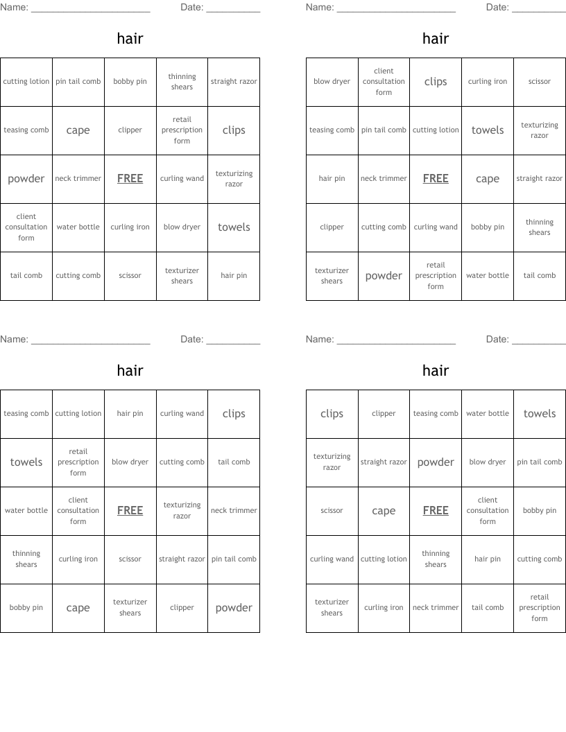 hair  Bingo Cards