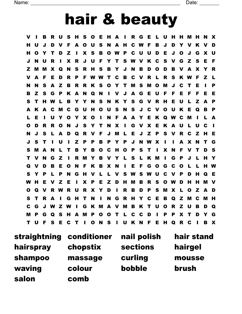 hair & beauty Word Search