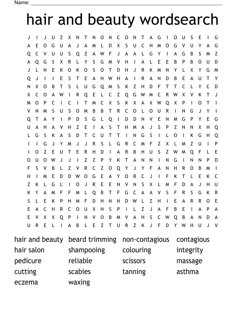 hair and beauty wordsearch