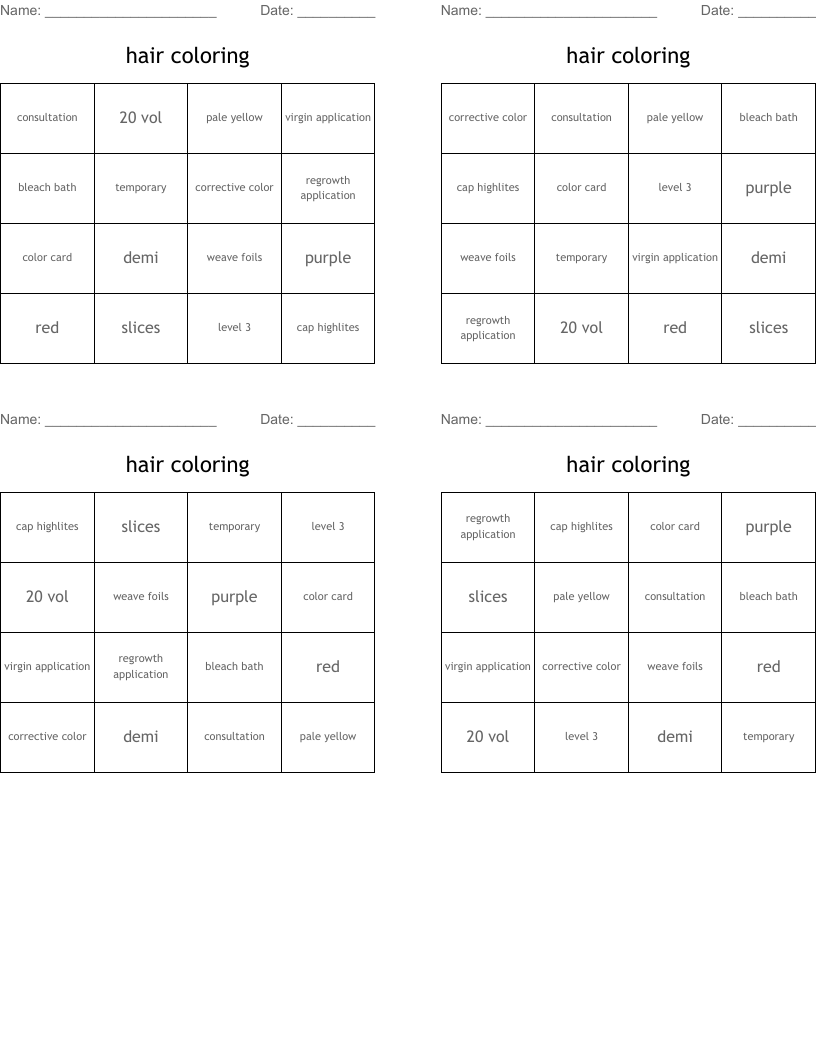 hair coloring Bingo Cards