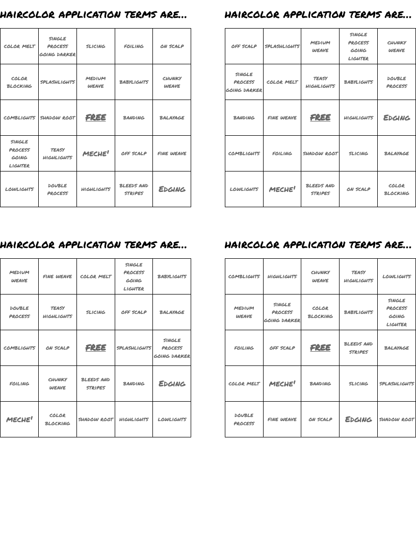 haircolor application terms are fun! Bingo Cards