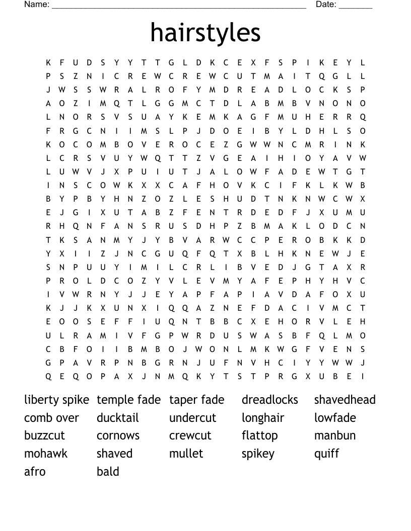 hairstyles Word Search