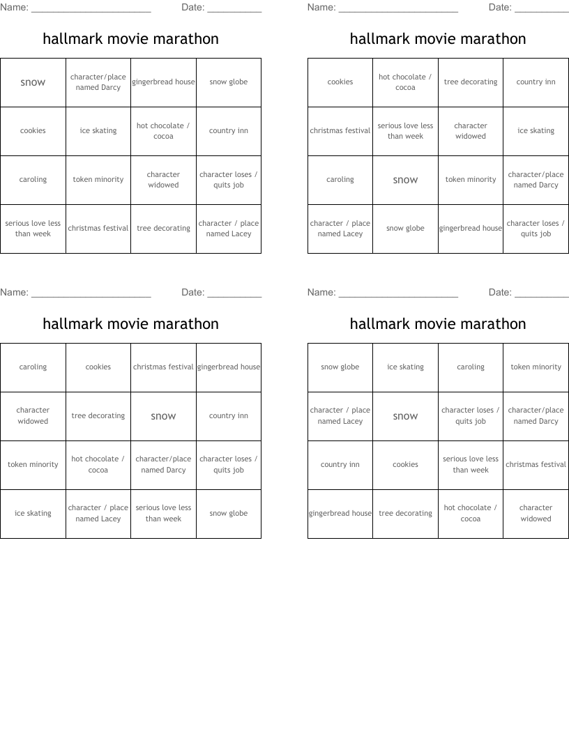 hallmark movie marathon Bingo Cards