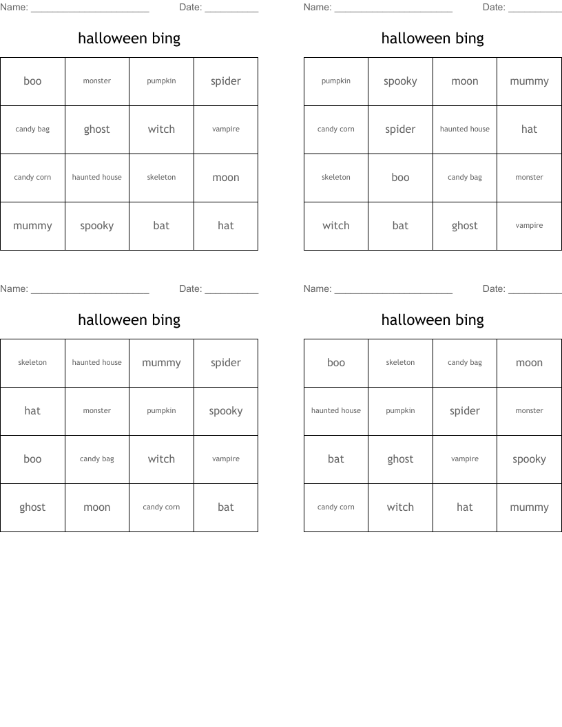 halloween bing Bingo Cards