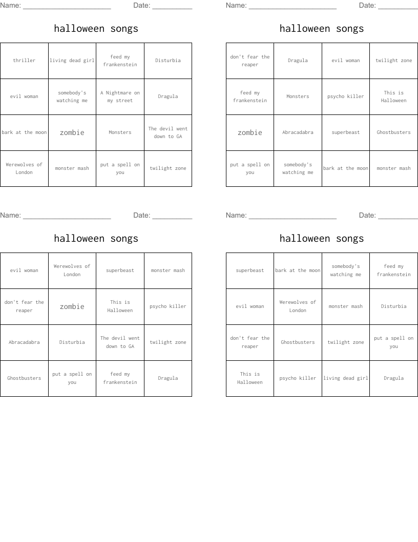 halloween songs Bingo Cards