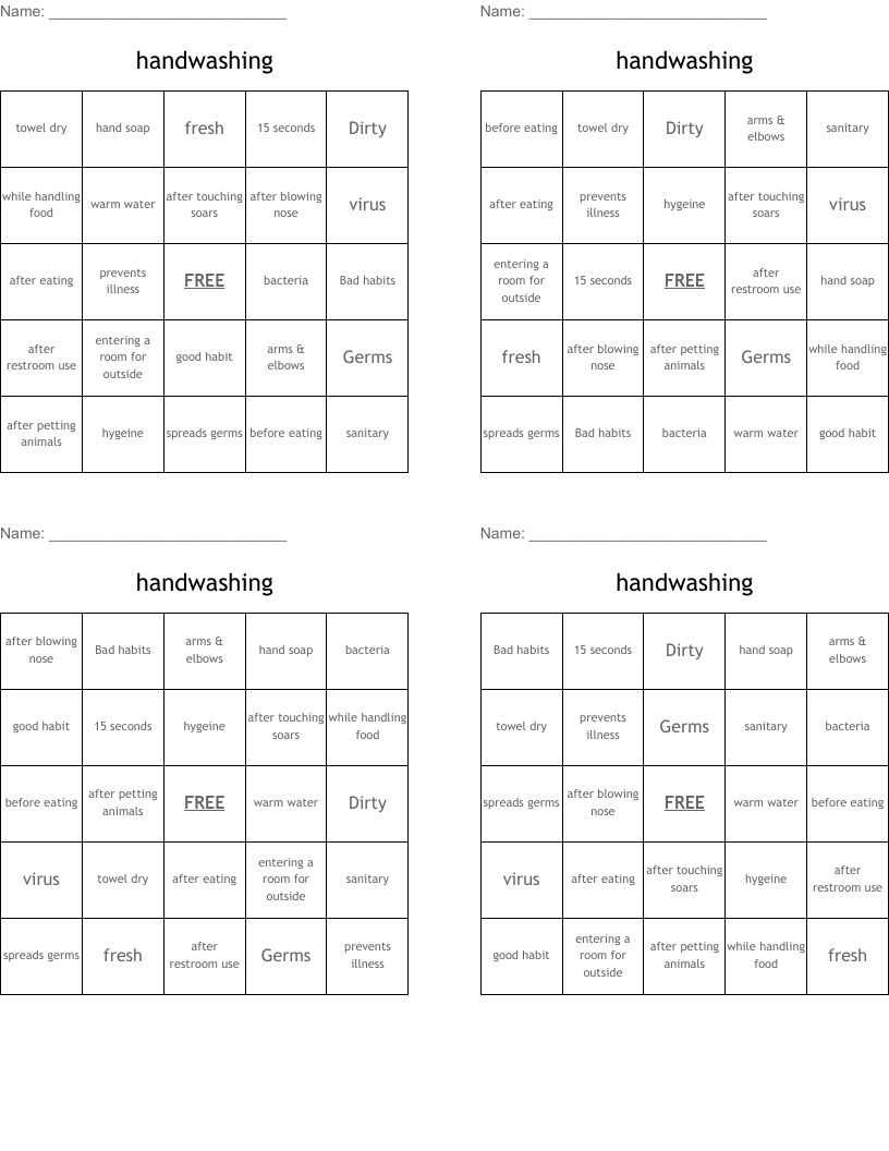 handwashing Bingo Cards