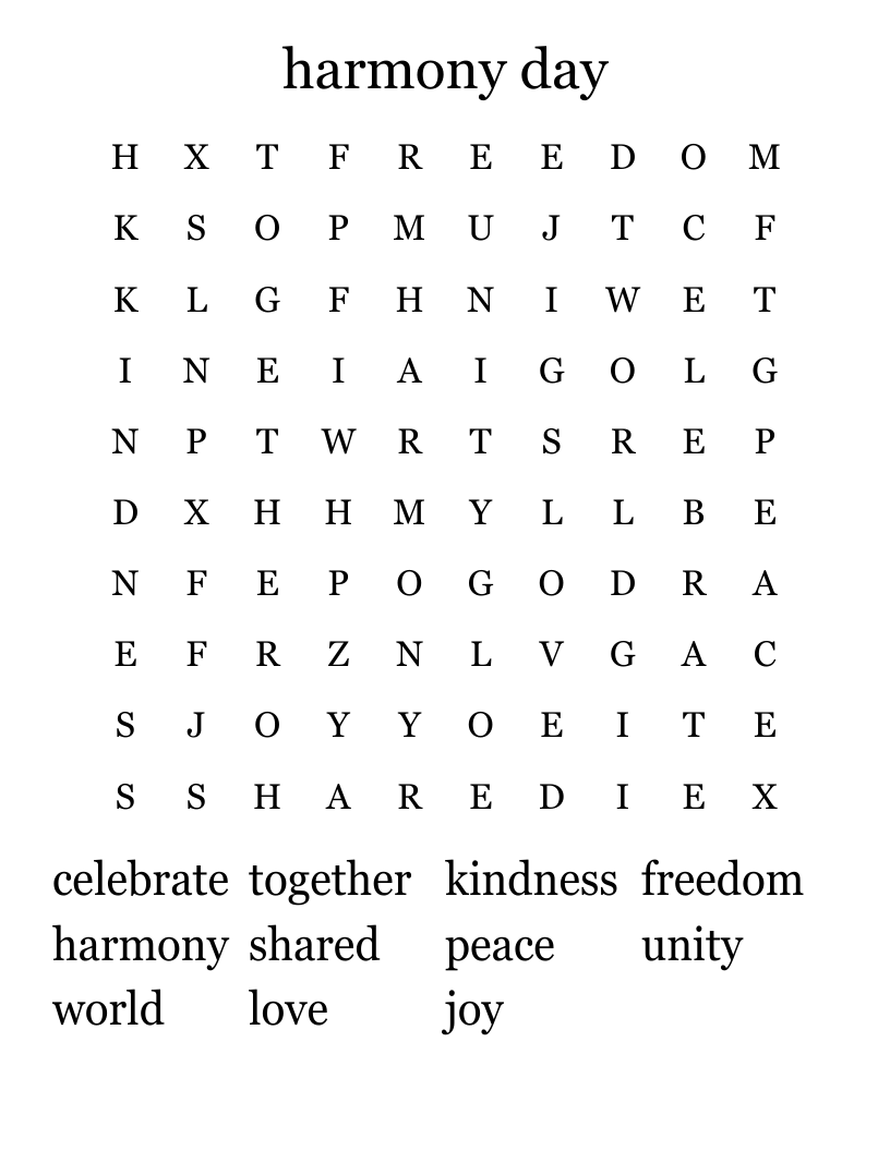 harmony day Word Search