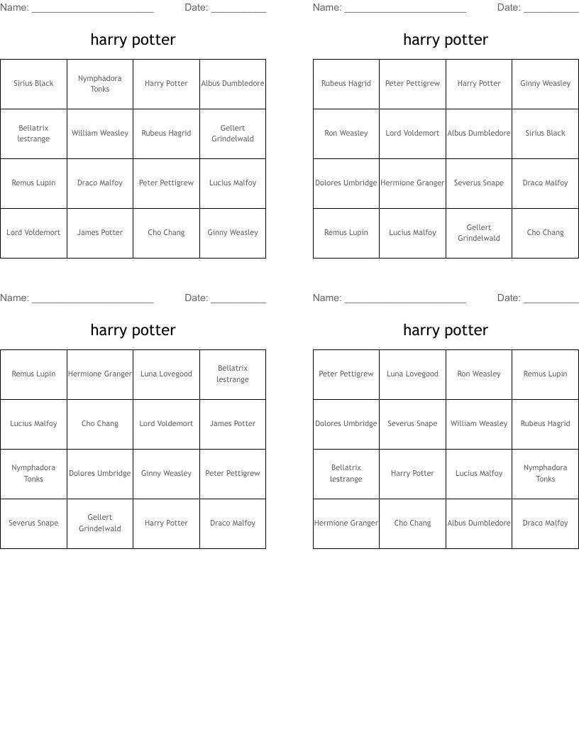 harry potter Bingo Cards