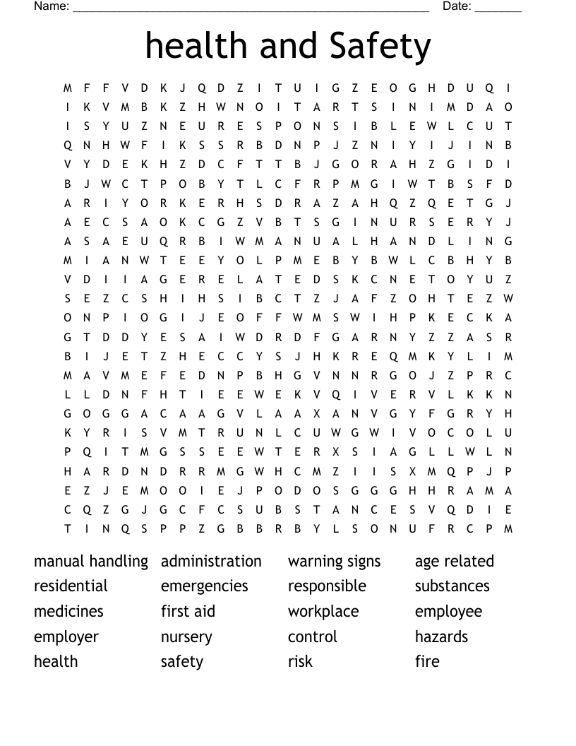 health and Safety Word Search