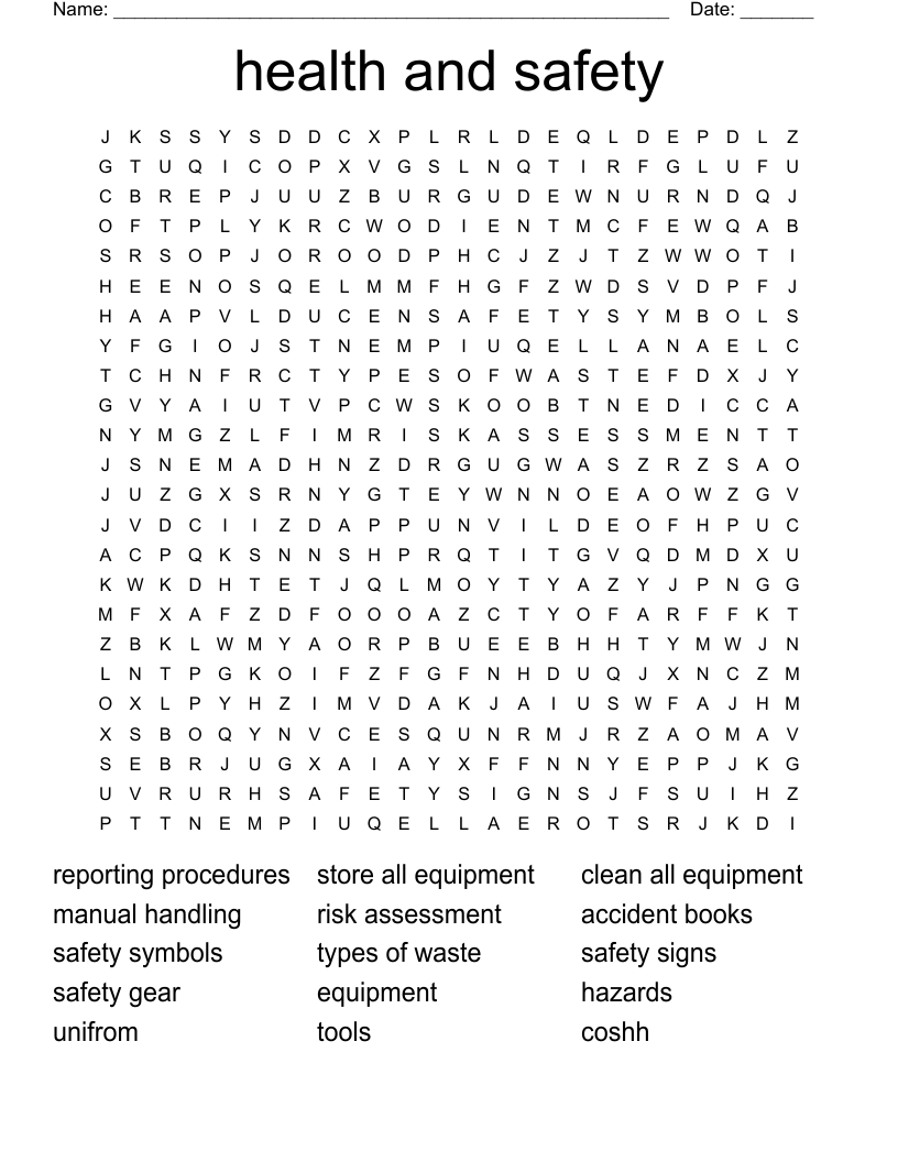 health and safety  Word Search