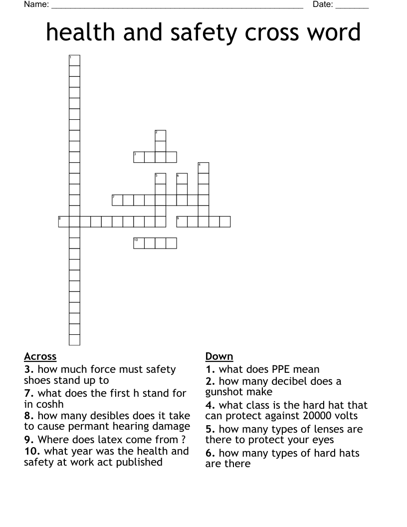 health and safety cross word 