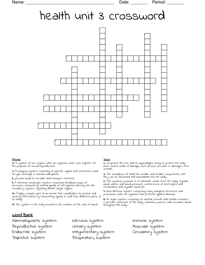 health unit 3 crossword