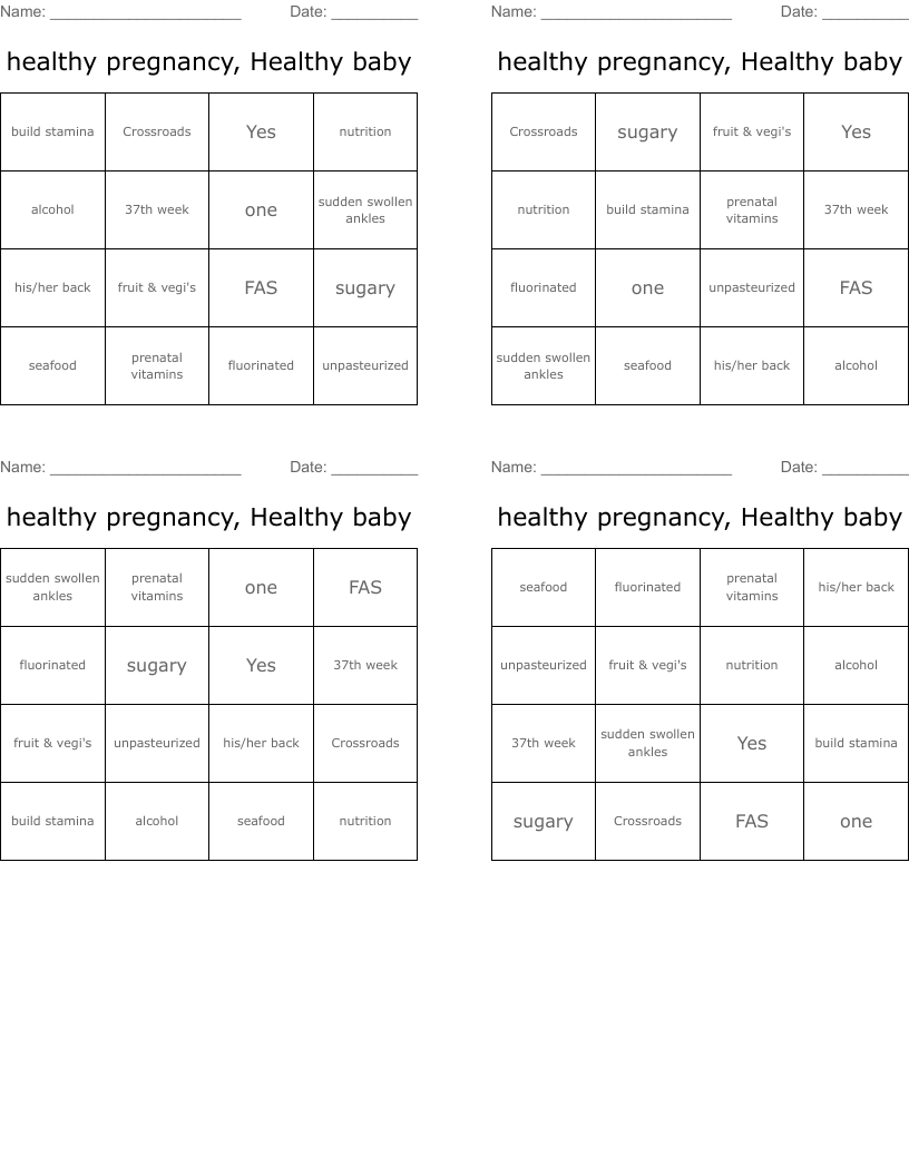 healthy pregnancy, Healthy baby Bingo Cards