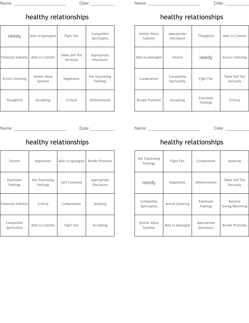 healthy relationships Bingo Cards