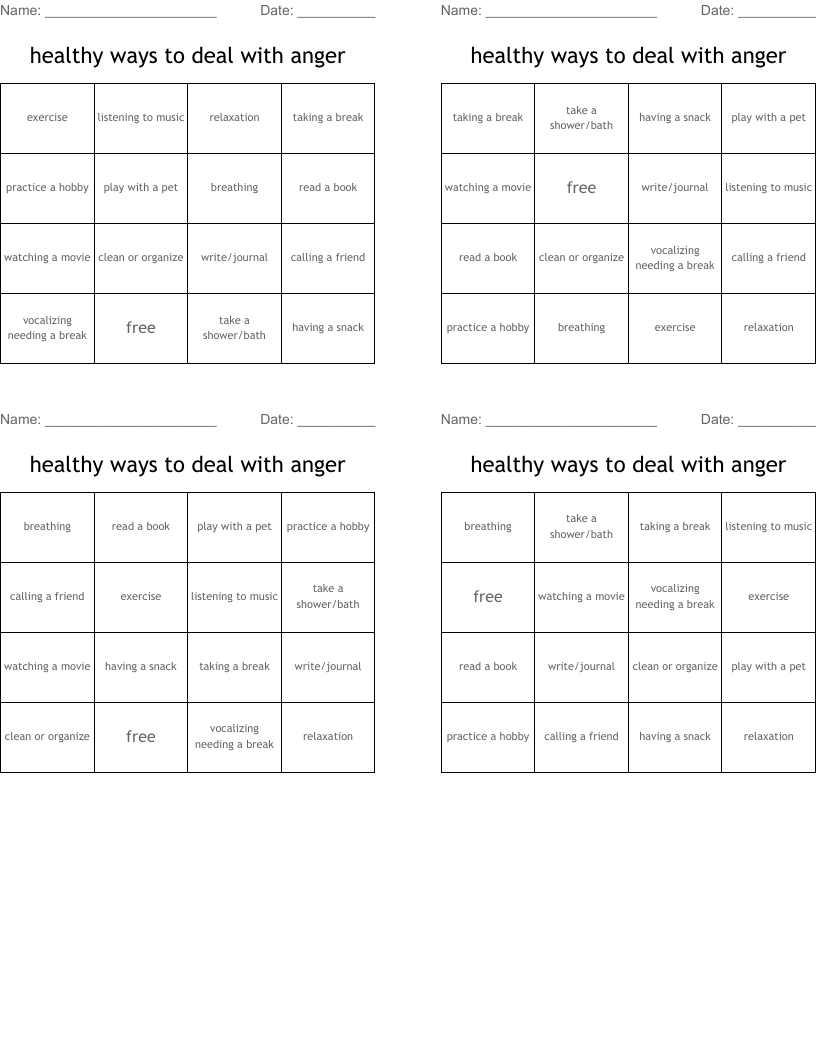 healthy ways to deal with anger Bingo Cards