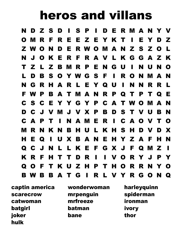 heros and villans Word Search