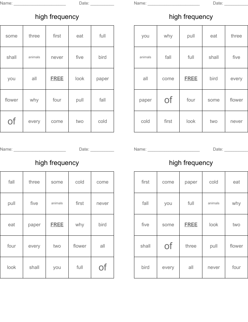 high frequency Bingo Cards