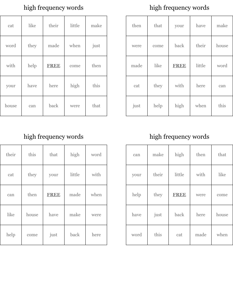 high frequency words Bingo Cards
