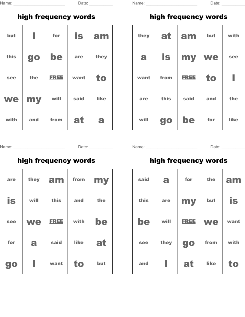 high frequency words Bingo Cards