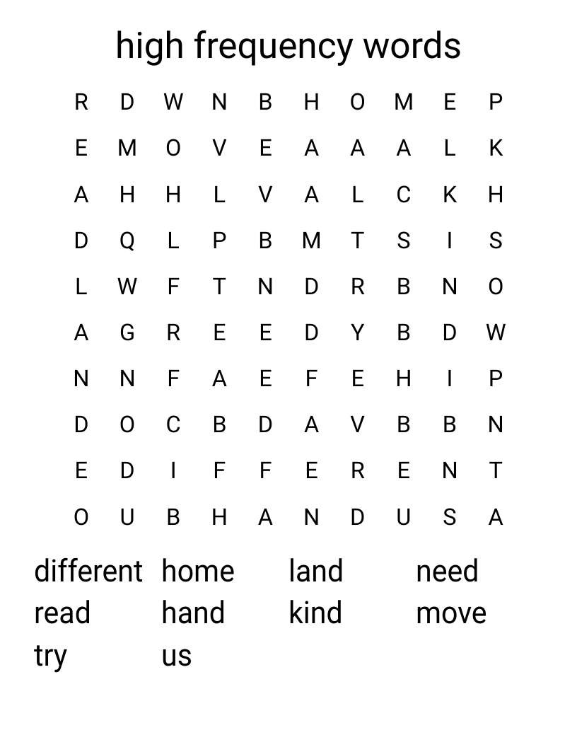 high frequency words  Word Search