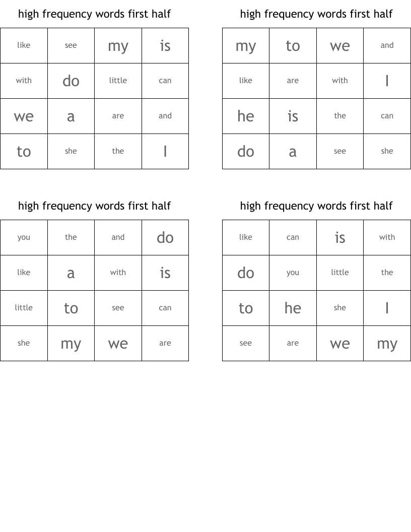 high frequency words first half Bingo Cards