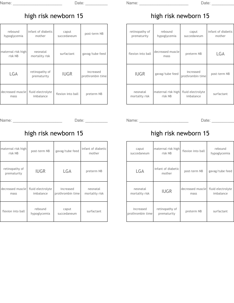 high risk newborn 15 Bingo Cards