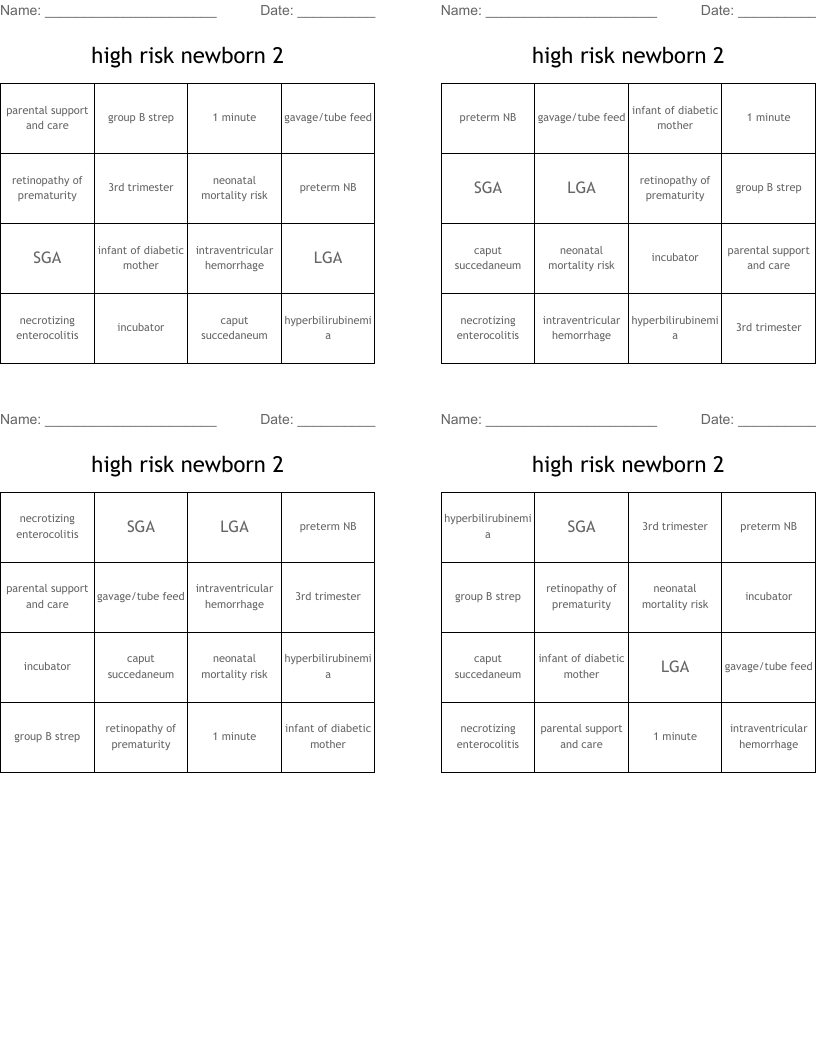 high risk newborn 2 Bingo Cards