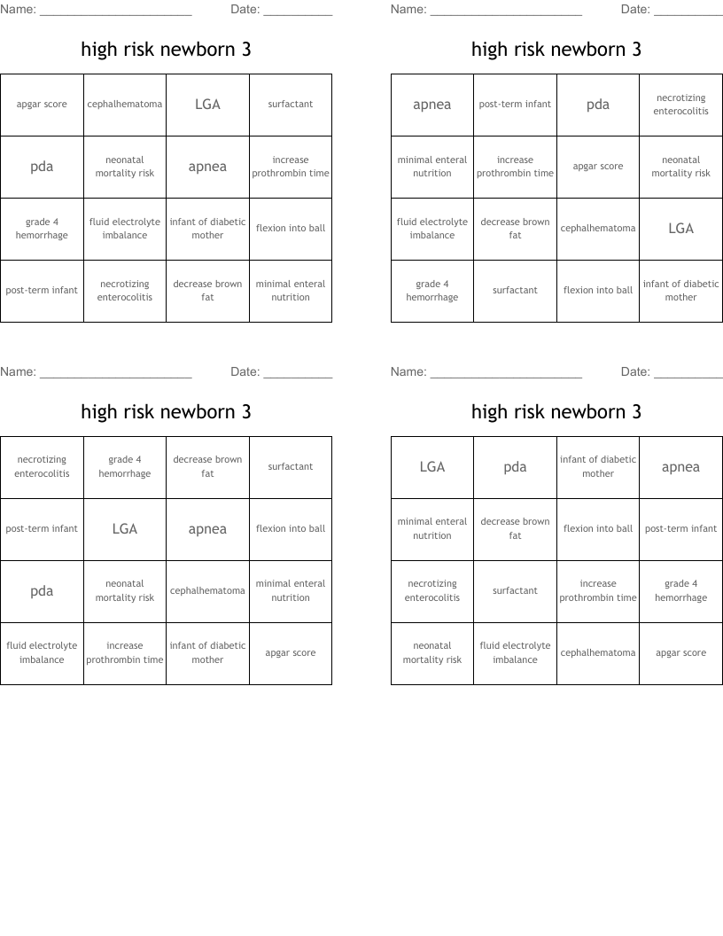 high risk newborn 3 Bingo Cards