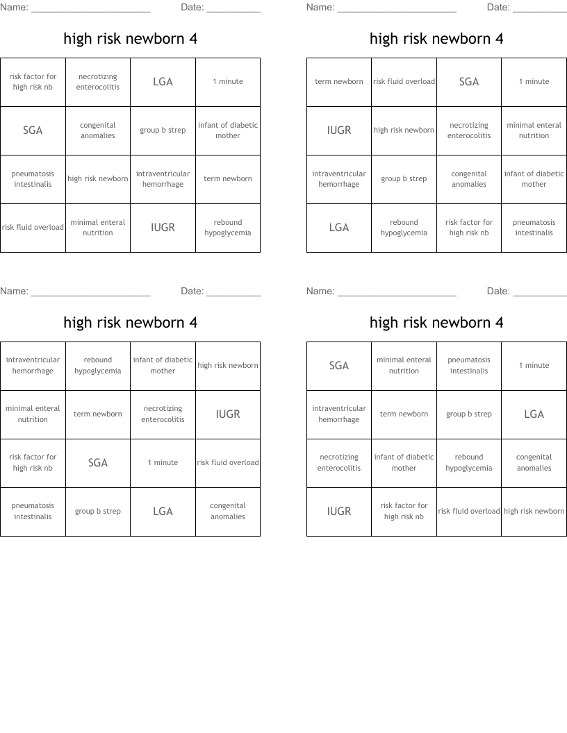 high risk newborn 4 Bingo Cards