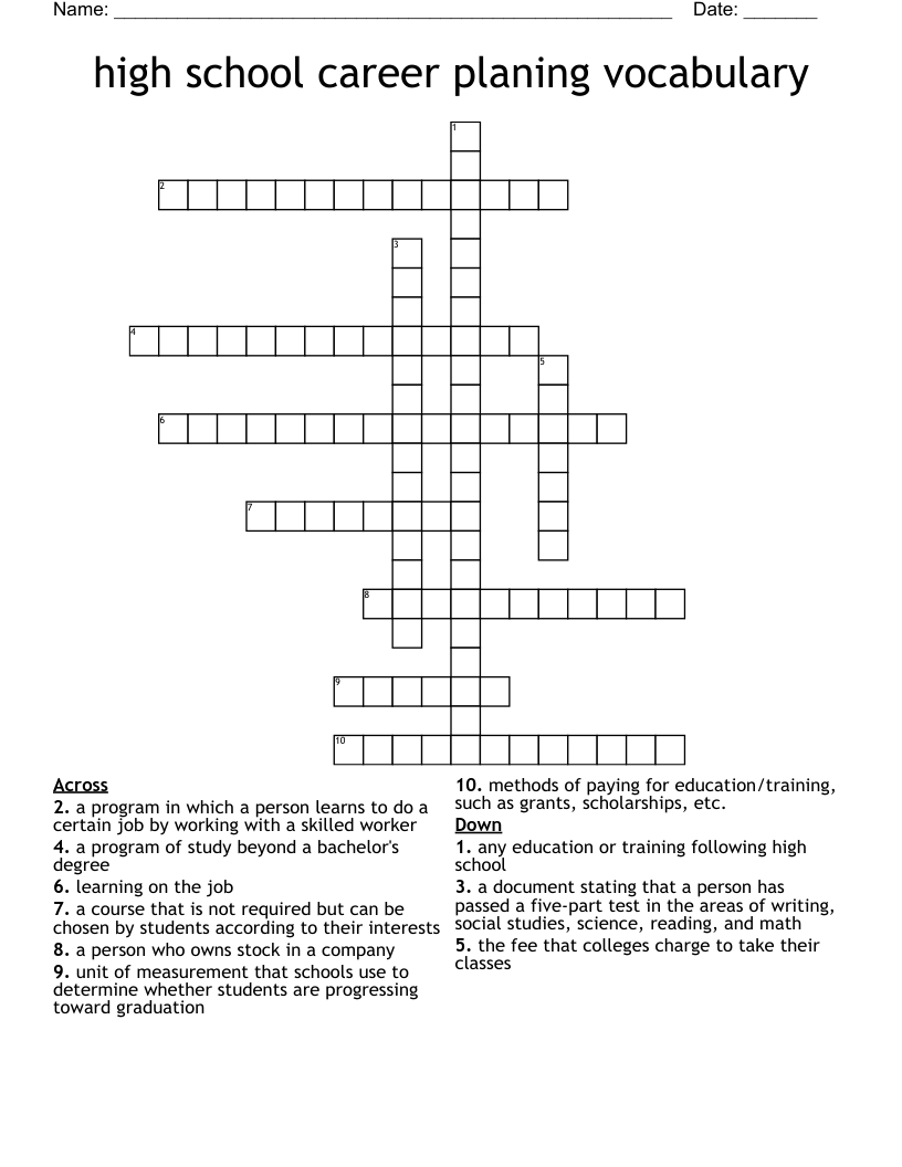 high school career planing vocabulary Crossword