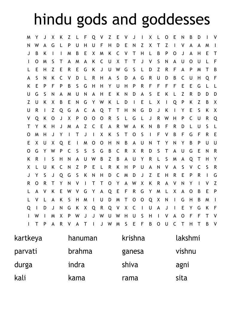 hindu gods and goddesses Word Search