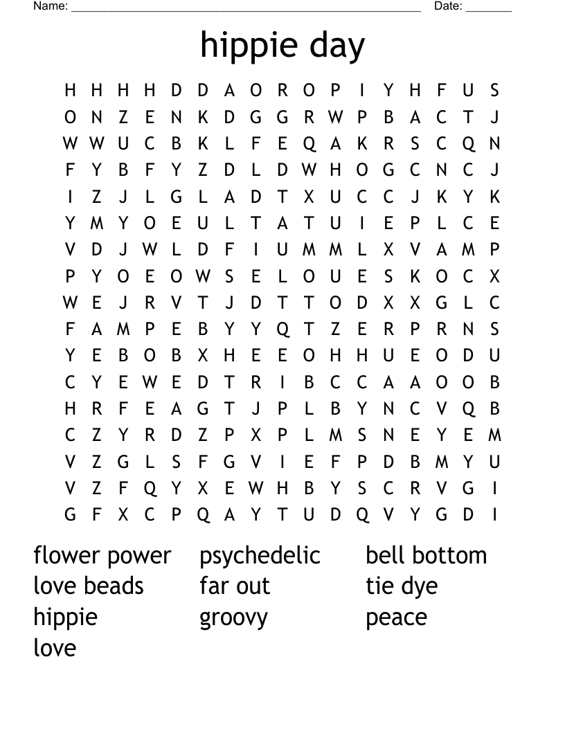 hippie day Word Search