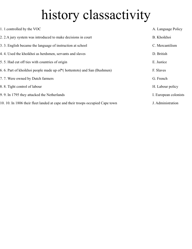 history classactivity Worksheet