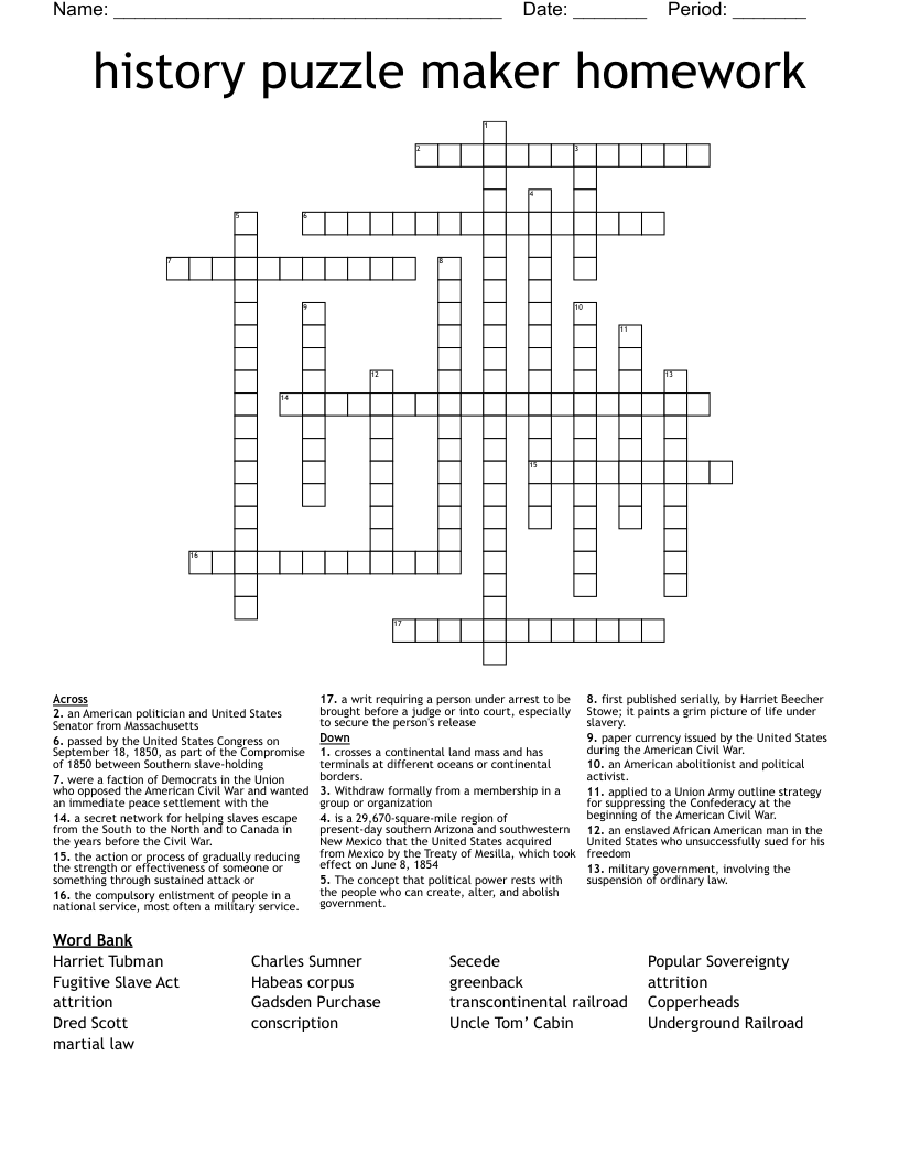 history puzzle maker homework Crossword